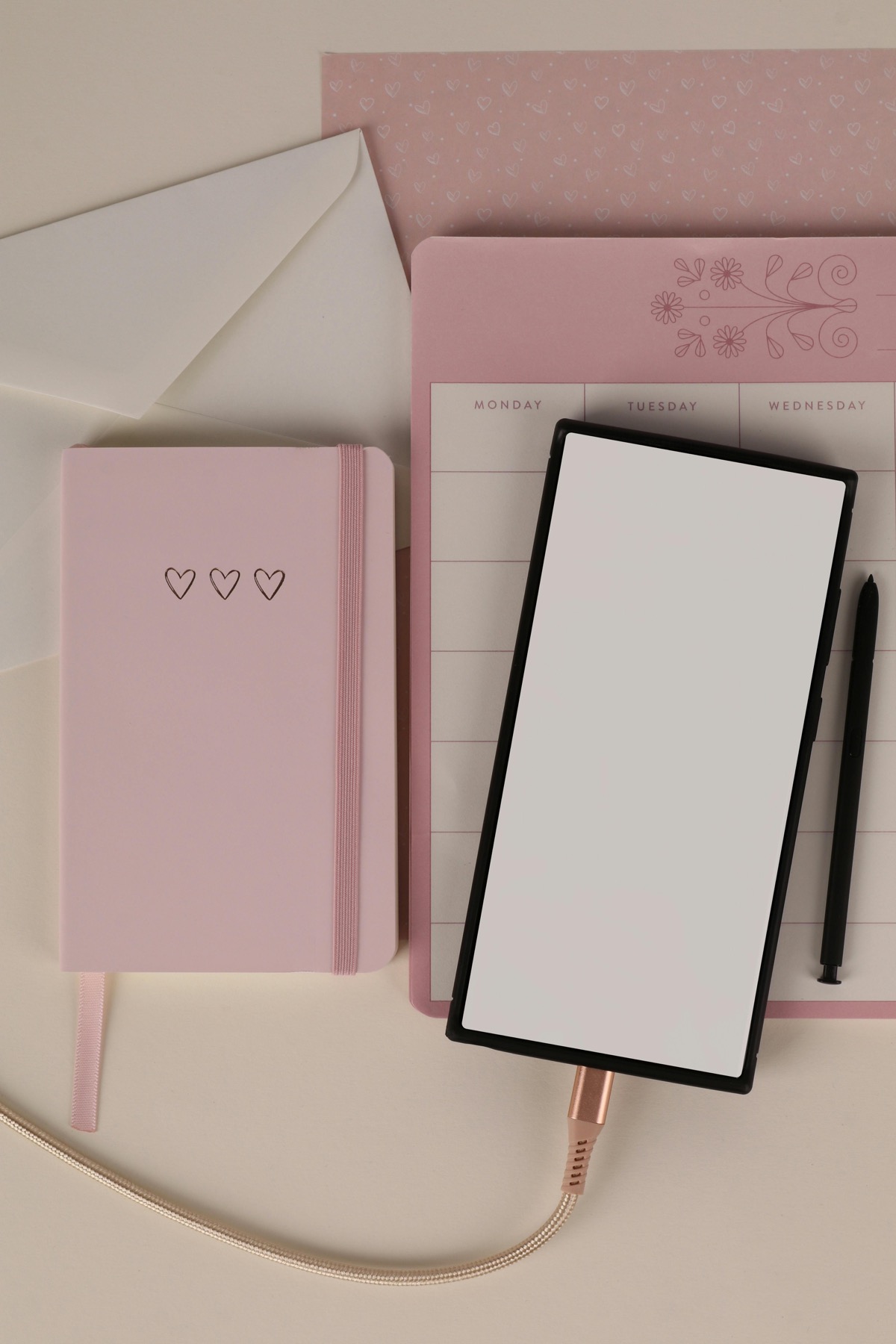 A soft pink iPad planning setup representing morning and evening routine tracking.