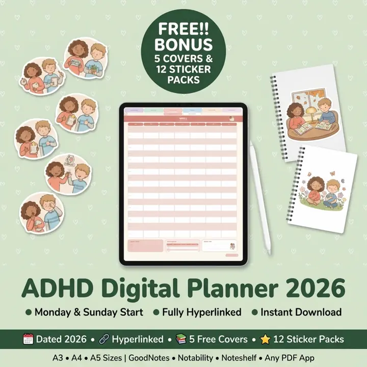 PlannerPier ADHD Digital Planner 2026 hero listing image shown on an iPad mockup.