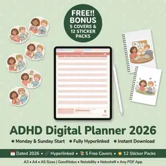 ADHD Digital Planner 2026 main listing image on a tablet.