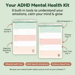 Mental health planning and reflection pages from the ADHD planner.