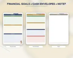 Goal planning, cash envelope, and notes pages from the budget planner.