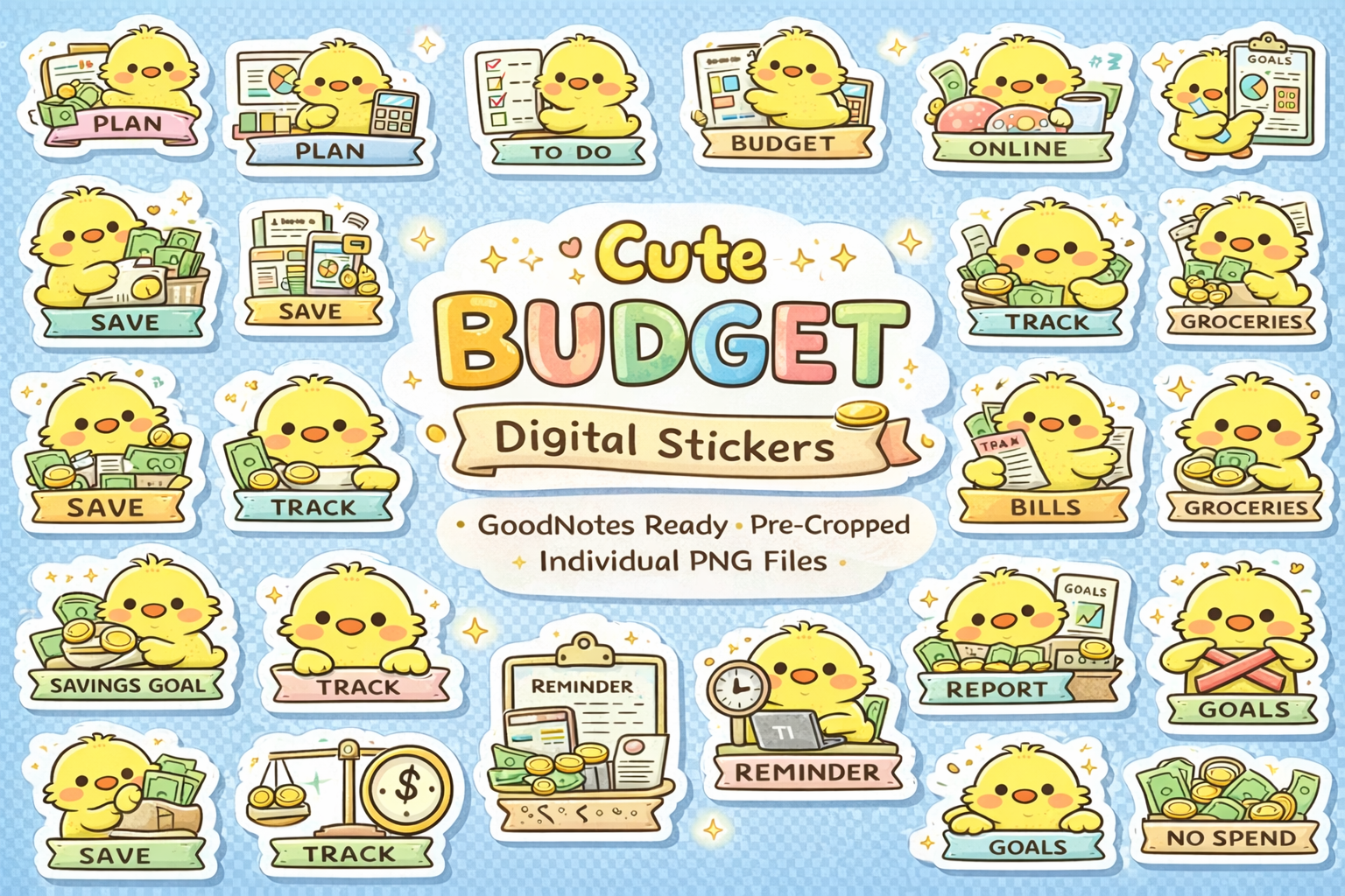 Cute Budget Digital Stickers pack with hand-drawn pastel money icons.