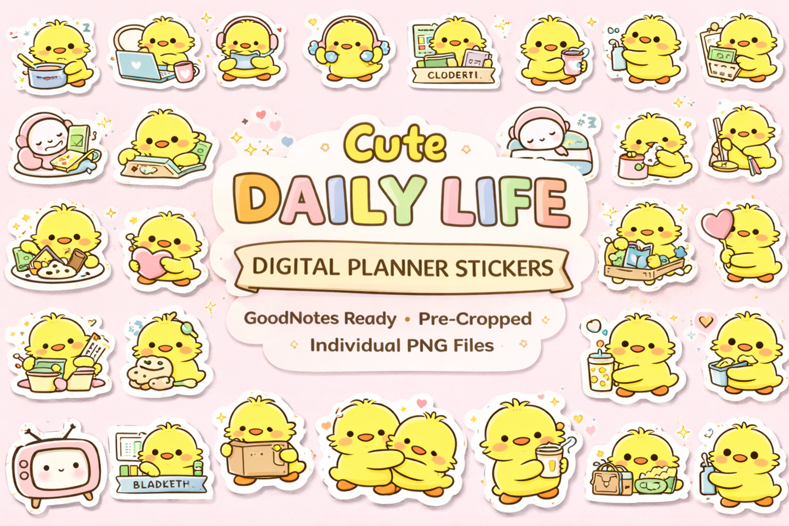 Cute Daily Life Digital Planner Stickers pack with hand-drawn icons.