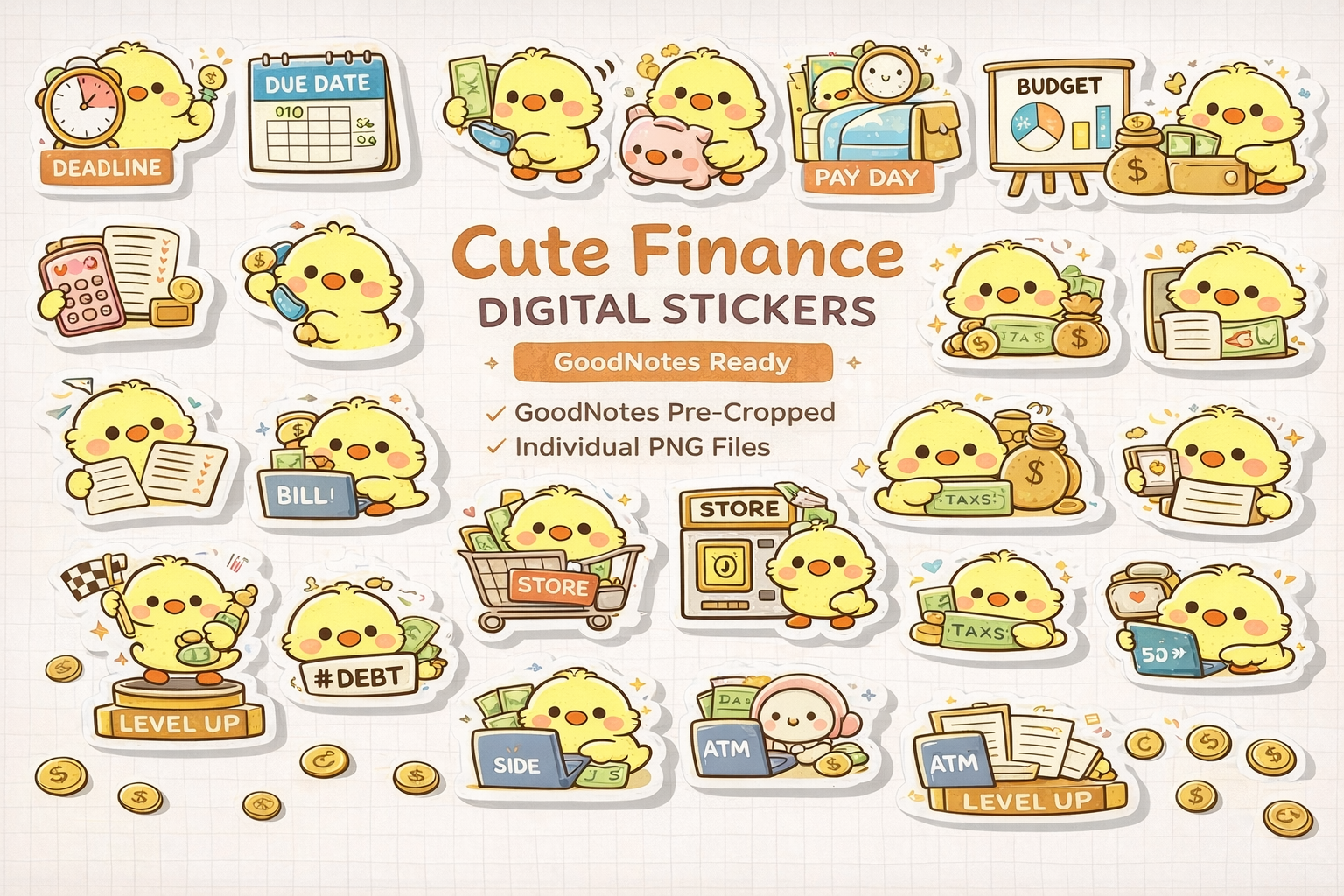 Cute Finance Digital Stickers pack with hand-drawn pastel finance icons.