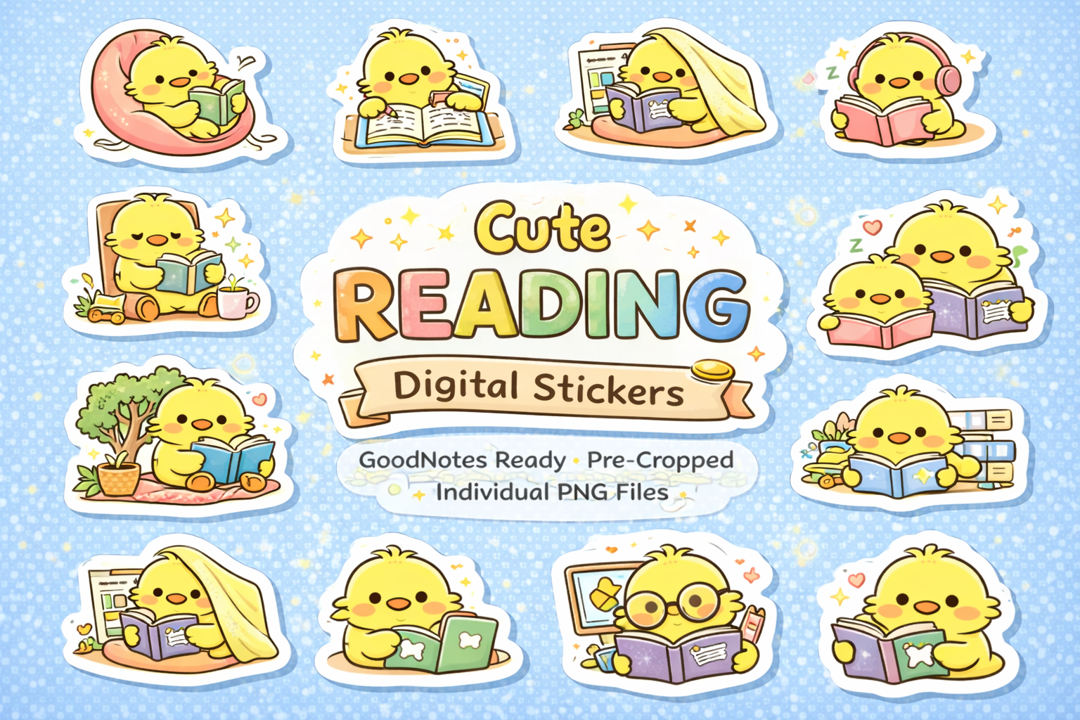Cute Reading Digital Stickers pack with hand-drawn pastel book icons.