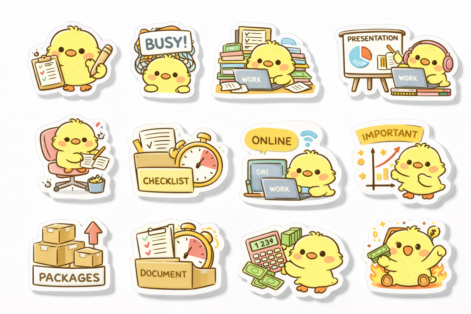 Cute Work Digital Stickers pack with hand-drawn pastel work icons.