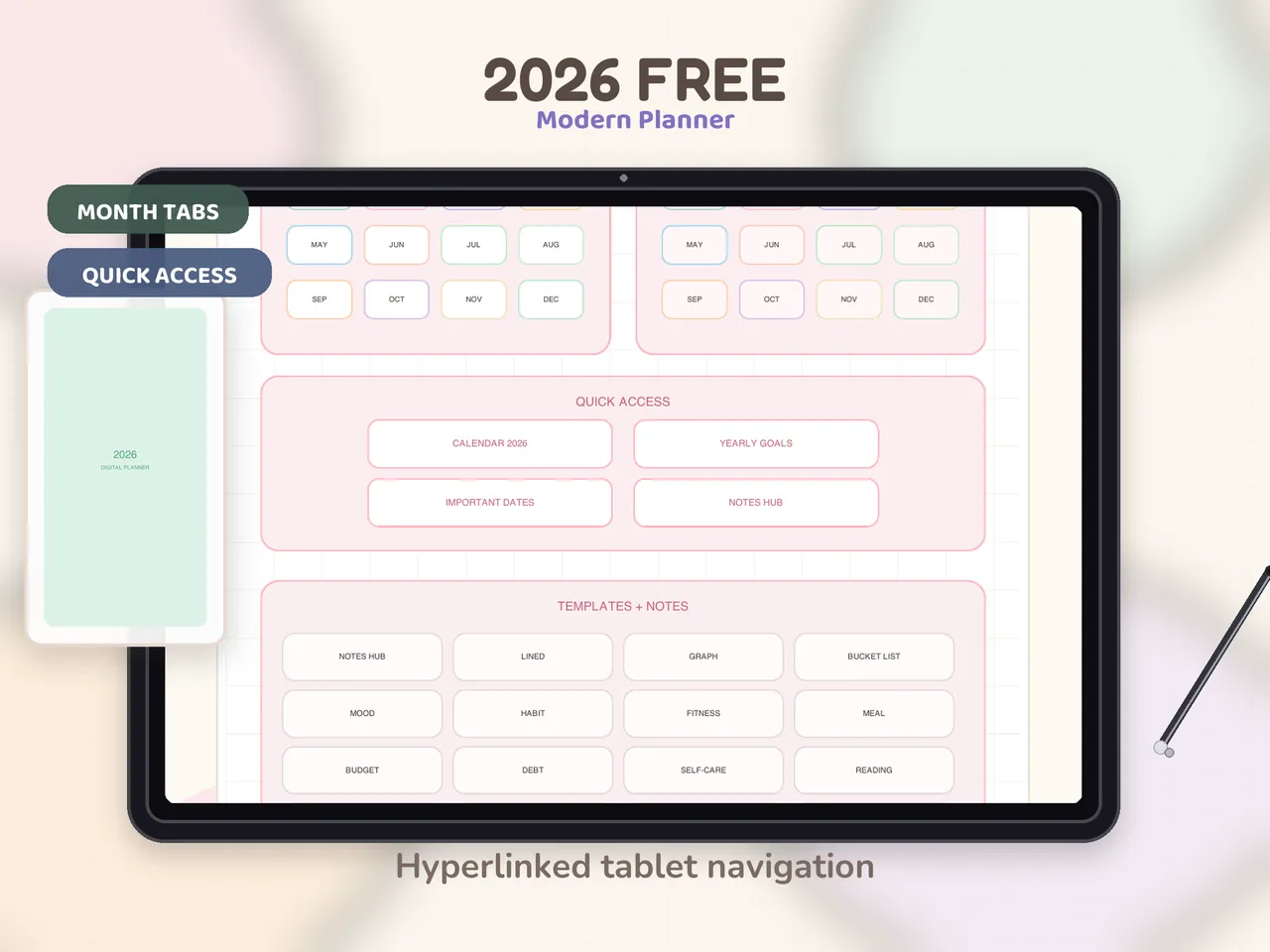 2026 Free Modern Planner hero preview on a tablet mockup.
