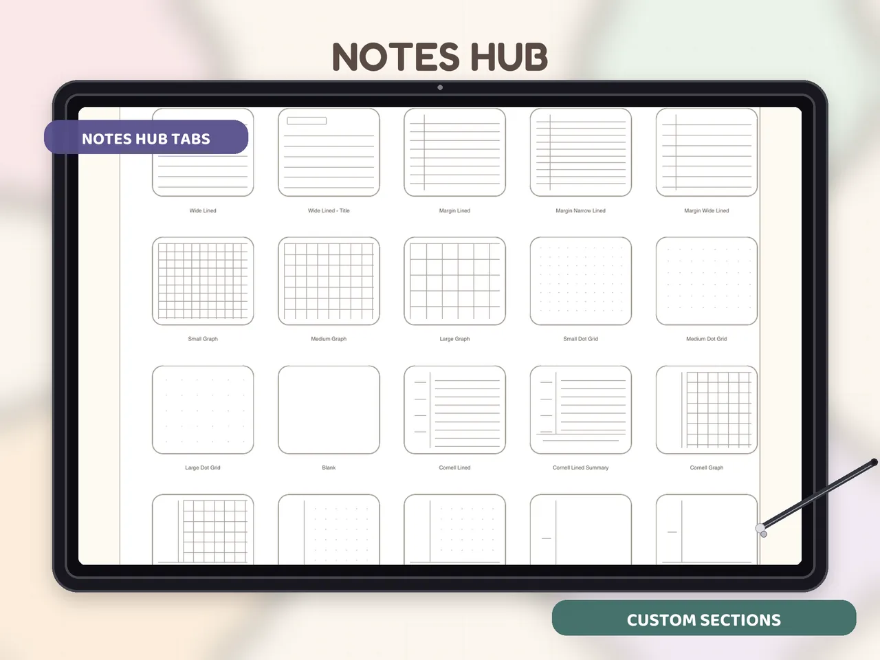 Notes Hub preview with tablet mockup and hyperlink callouts.