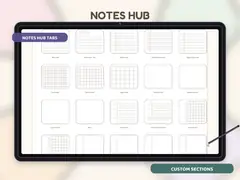 Notes Hub preview with tablet mockup and hyperlink callouts.