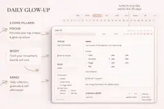Daily glow-up planner page for GoodNotes showing focus, body, and mind sections with clickable 30-day navigation.