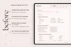 Before page of the 30 day glow up reset planner with self-check prompts, current state questions, and 30-day direction goals.
