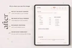 After reflection page for the digital glow up planner with prompts to review changes, notice progress, and choose next steps.