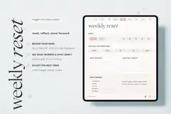 Weekly reset page for GoodNotes with weekly navigation, reflection prompts, and reset mindset sections to review progress.