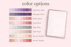 Color options chart for the glow up reset planner showing soft palette swatches beside a tablet mockup.
