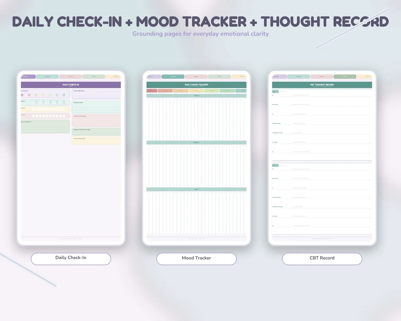 Daily mood tracker and CBT worksheet pages.
