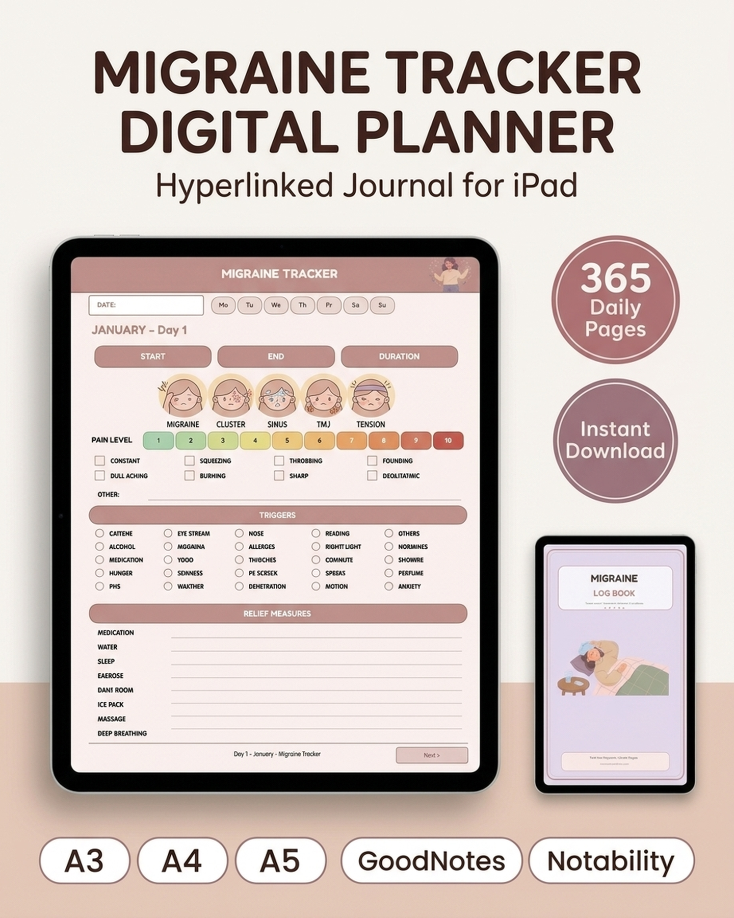 Migraine Tracker Log Book hero listing image with PlannerPier mockup styling.