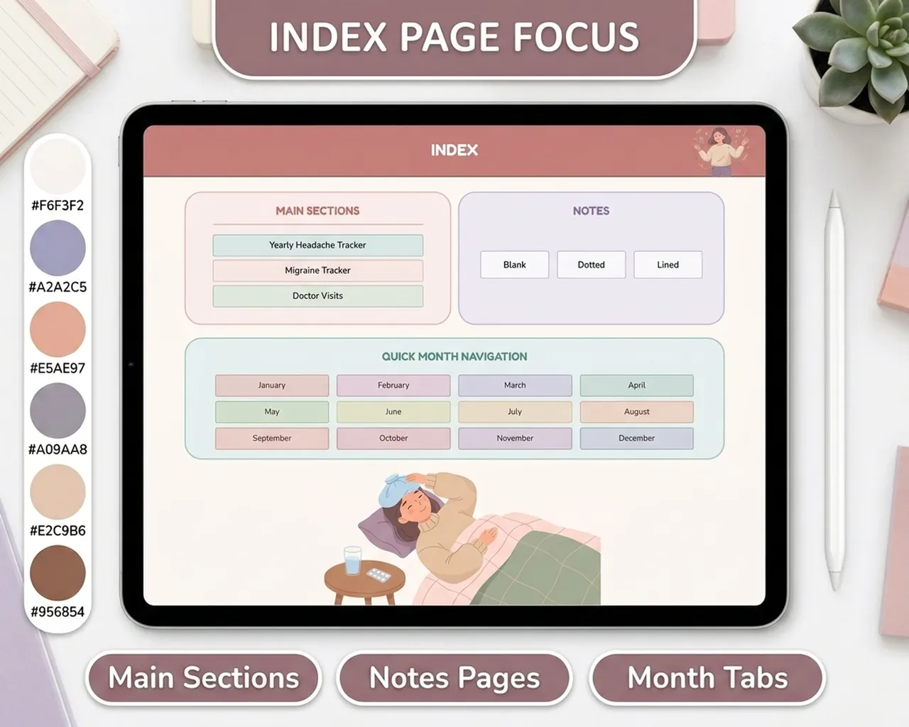 Index and structure preview for the migraine tracker log book.