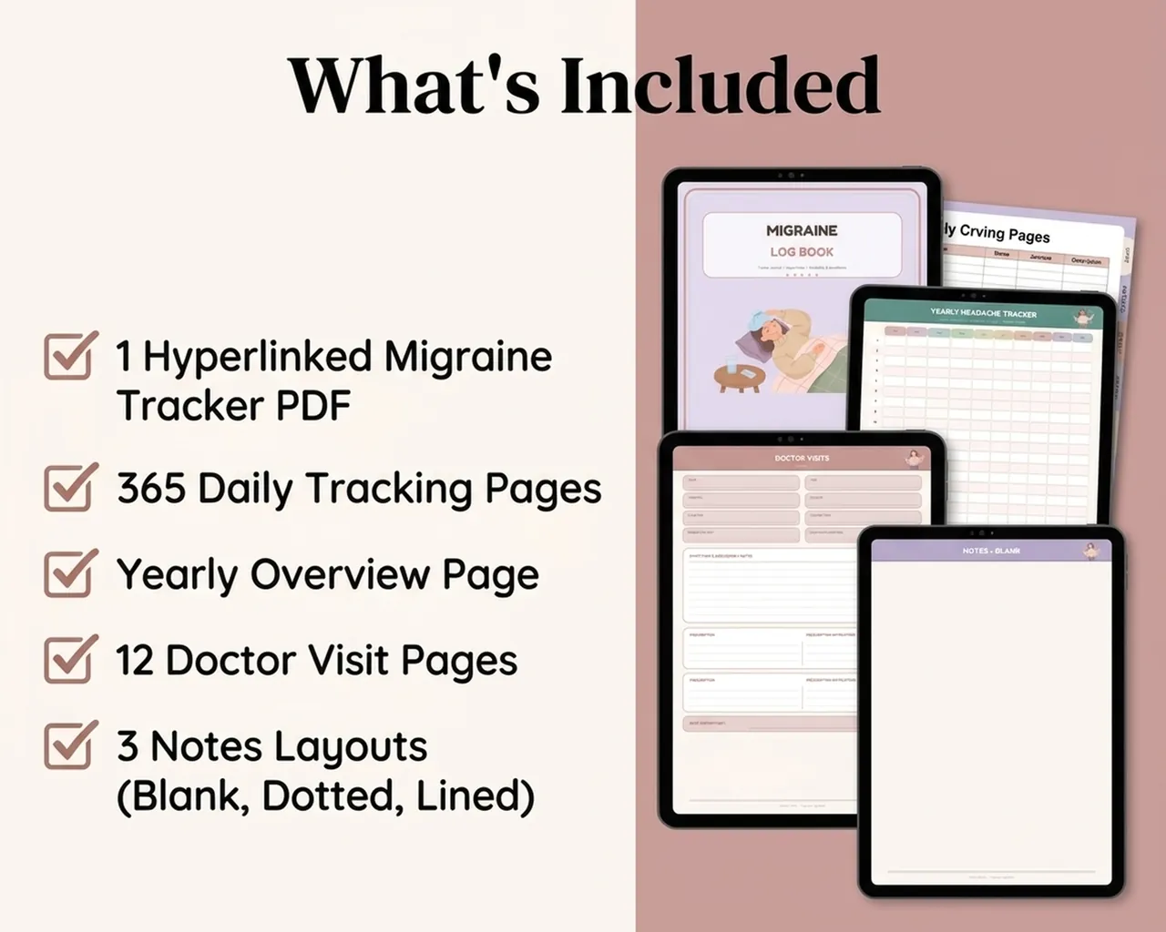 Whats included graphic for the migraine tracker bundle.