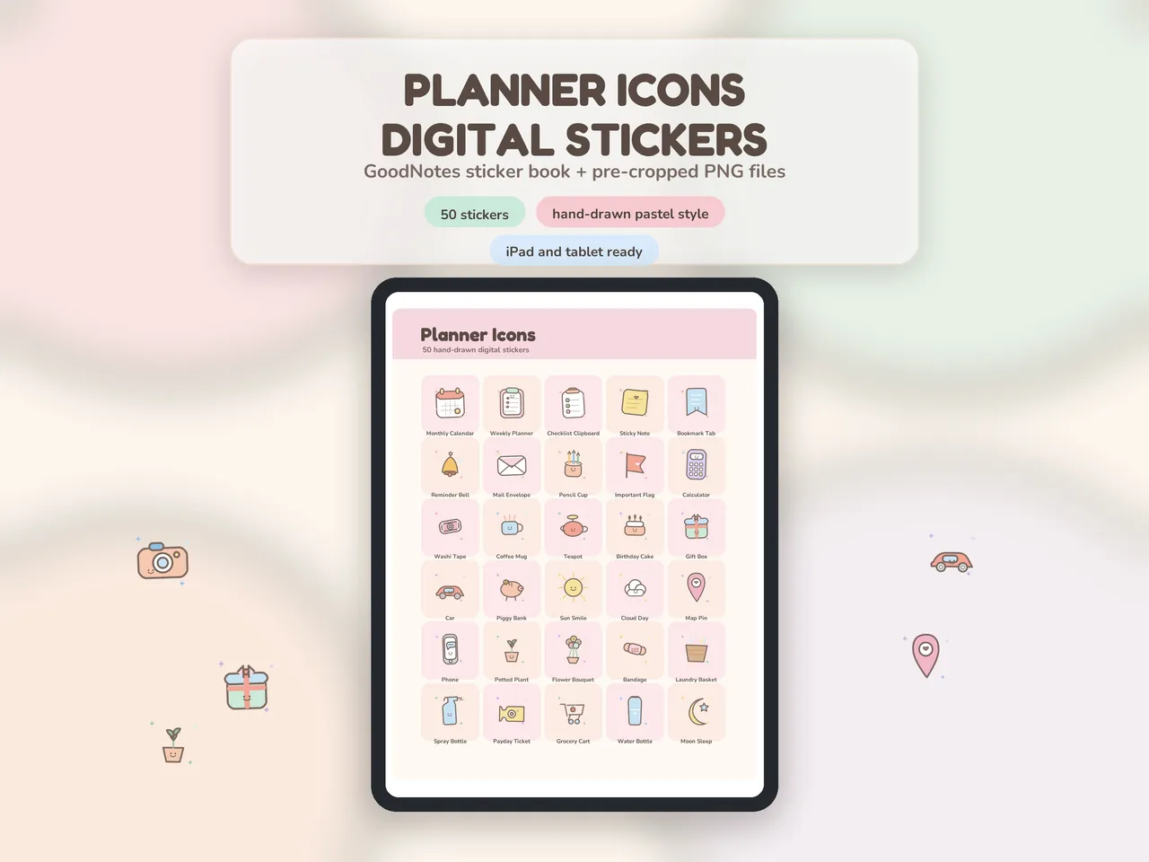 Planner Icons Digital Stickers hero image showing full sticker collection.