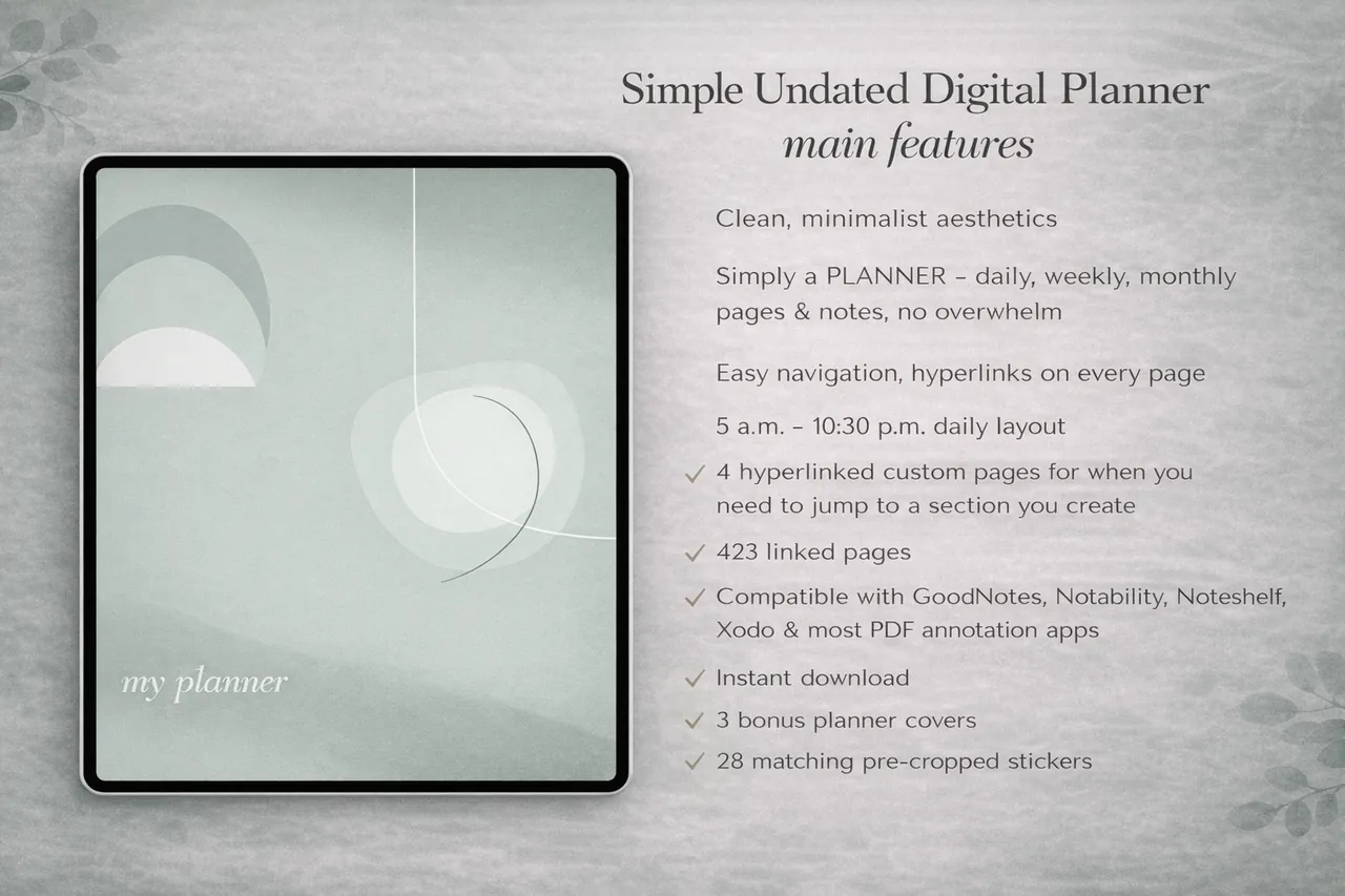 Simple undated digital planner Etsy listing hero image showing the cover design, planner previews, included files, and key features in a clean neutral layout.