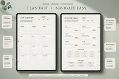 Two iPad screens showing the year overview and planner index of a simple undated digital planner for GoodNotes with callouts for navigation, monthly access, and total pages.