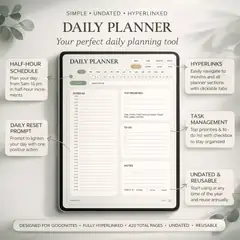 Daily planner page for GoodNotes with a half-hour schedule, top priorities, to-do list, notes section, and clickable tabs for easy navigation.