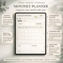 Monthly planner page for iPad with an undated calendar grid, main focus box, top priorities, notes, and quick month navigation.