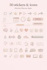 Minimal planner sticker sheet with soft neutral icons including checkboxes, stars, arrows, calendar, clock, focus labels, wellness icons, and daily planning symbols.