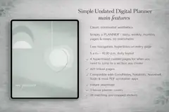 Feature overview image for a simple undated digital planner showing the abstract cover design beside key features, page count, compatibility, and bonus covers.