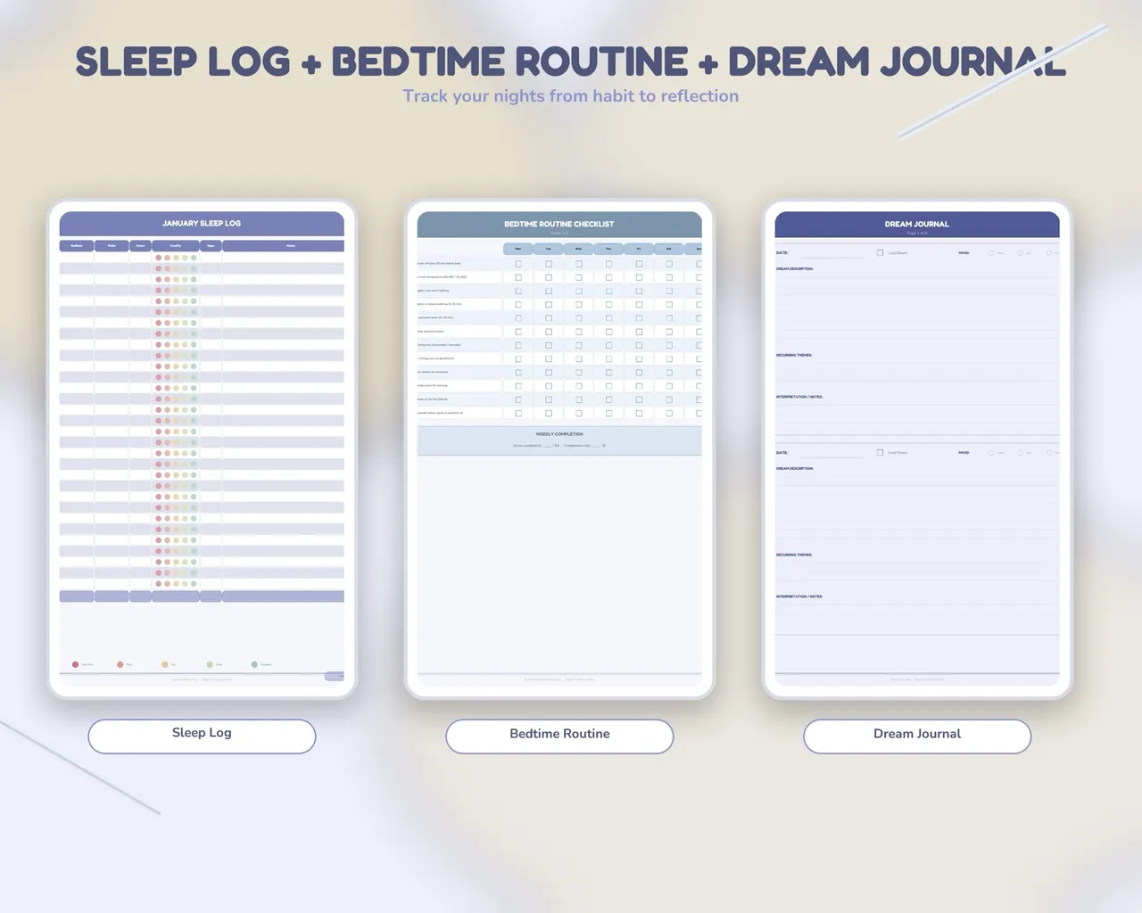 Sleep routine and dream journal pages.