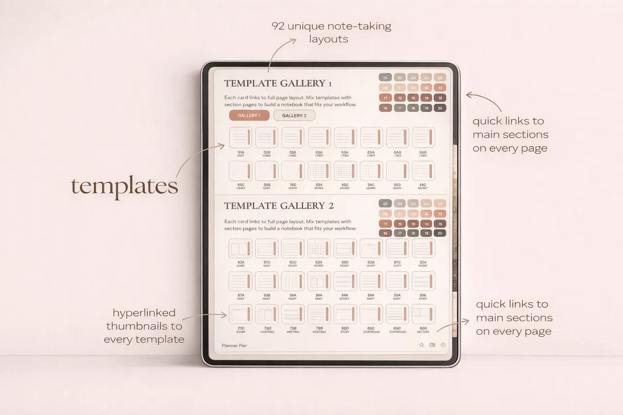 Template gallery showing the notebook note-taking layouts.