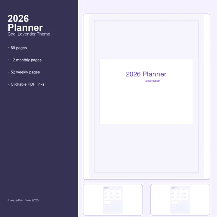2026 Free Simple Planner Cool Lavender listing hero with tablet mockup.