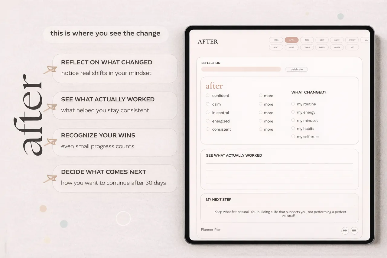 After reflection page for the digital glow up planner with prompts to review changes, notice progress, and choose next steps.