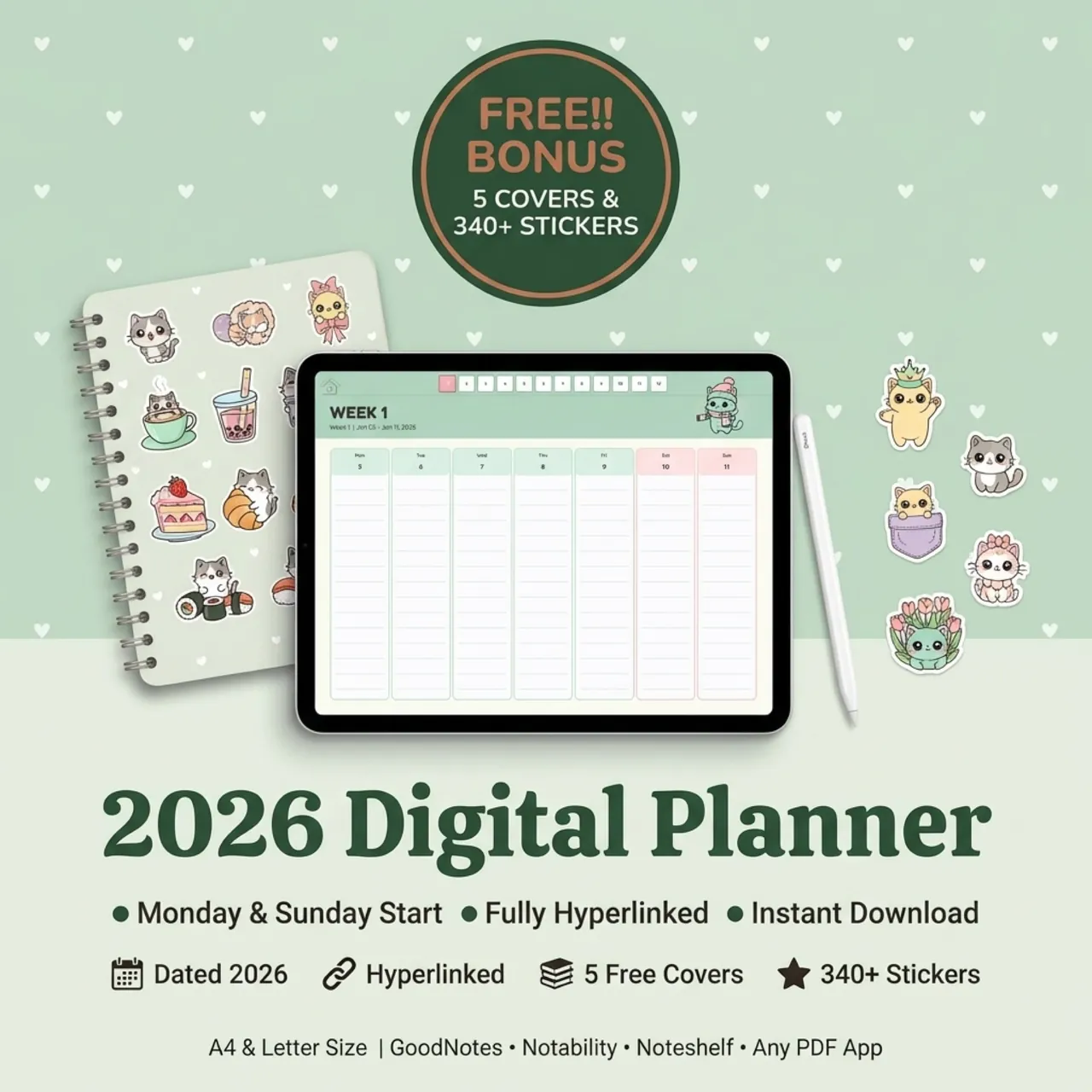2026 Kawaii Cat Digital Planner hero image.
