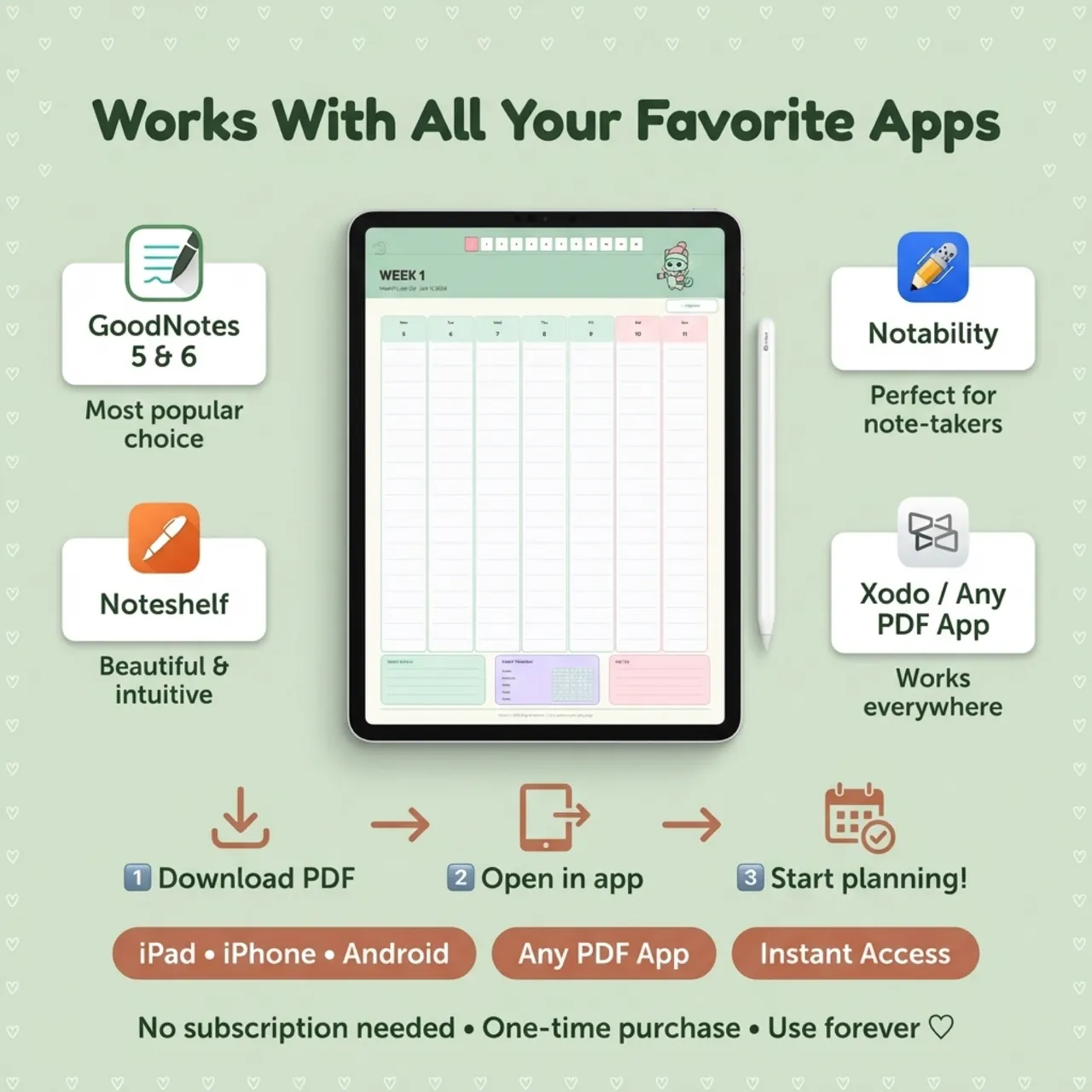 Compatible app and device slide for the kawaii cat planner.